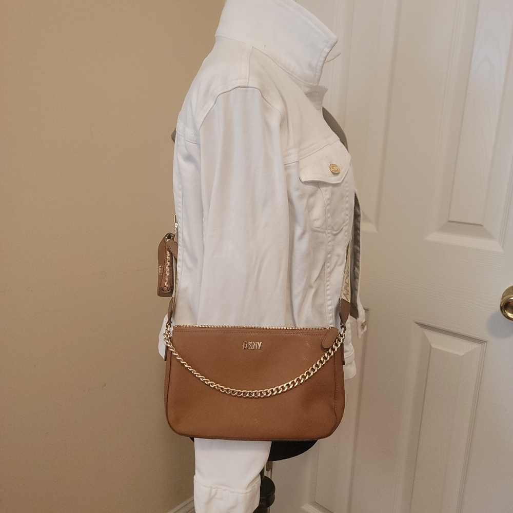 DKNY Brown Vegan Leather  Crossbody with Coin Purse with DKNY Guitar Strap - Picture 3 of 13